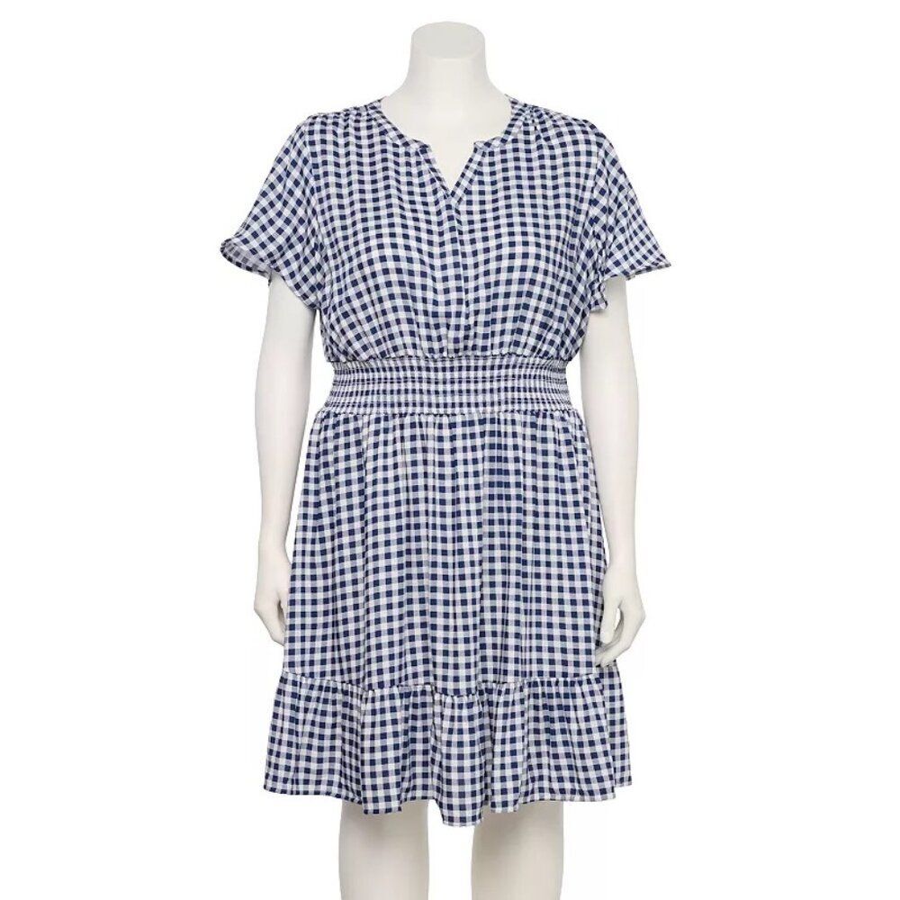 Croft & Barrow Navy White Gingham Smocked Waist Challis Plus Size 3X Dress